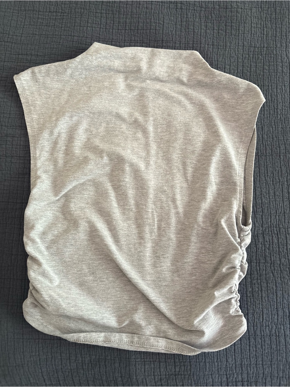 Clean Minimalist Sleeveless Mock Neck Light Grey Long Crop Top with Ruched Sides